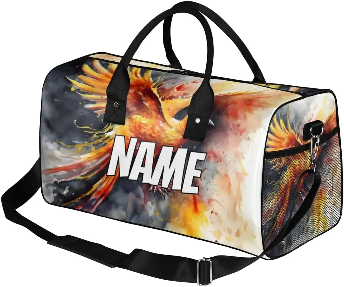 Personalized Phoenix Bird Travel Duffel Bag with Name, Custom Gym Sport Bag Chinese Style Carry On Weekend Overnight Duffel Bag for Men Women
