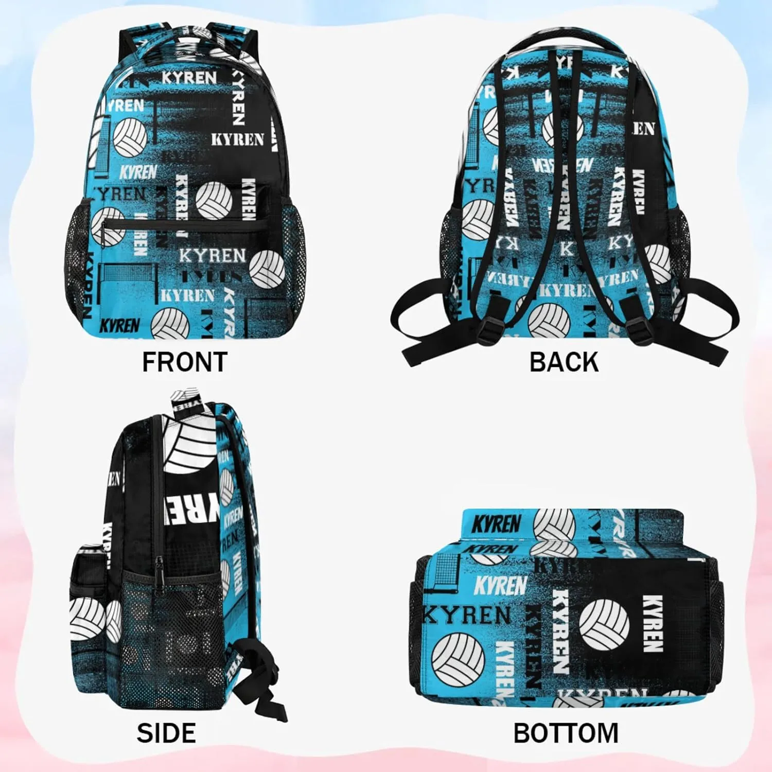 Personalized Volleyball Backpack for Men Women, Custom Name Laptop Backpack, Sports Bag Daypack for Travel Camping, Blue Black Print