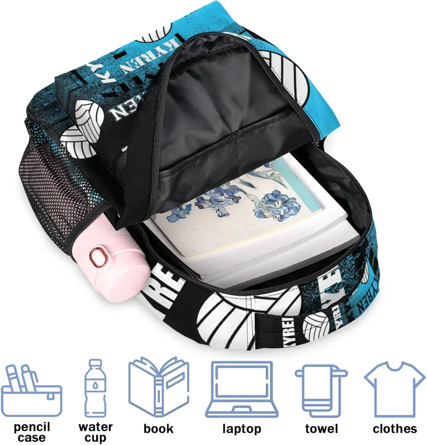 Personalized Volleyball Backpack for Men Women, Custom Name Laptop Backpack, Sports Bag Daypack for Travel Camping, Blue Black Print