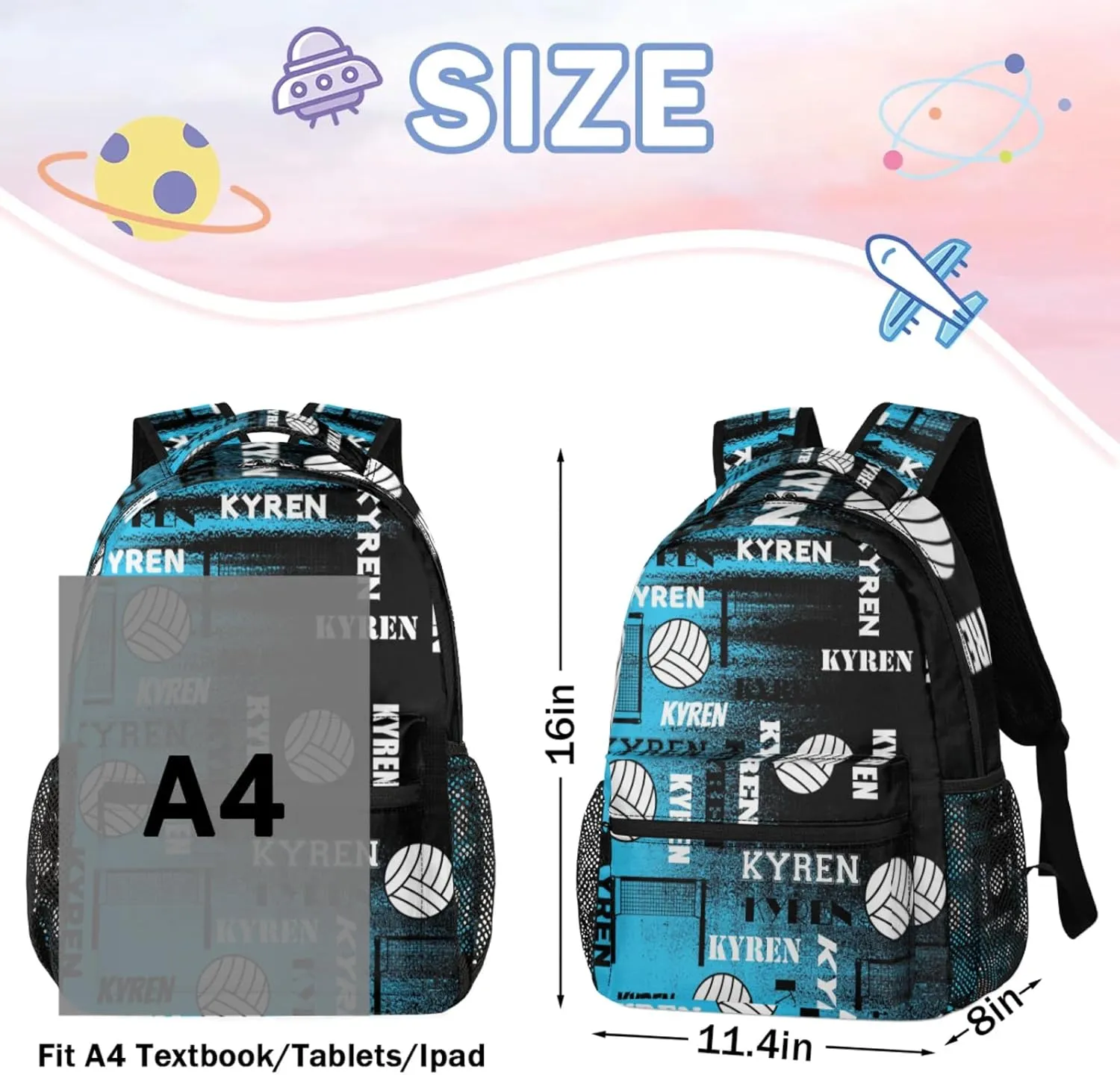 Personalized Volleyball Backpack for Men Women, Custom Name Laptop Backpack, Sports Bag Daypack for Travel Camping, Blue Black Print