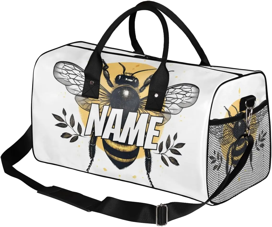 Personalized Watercolor Bee Travel Duffel Bag with Name, Custom Gym Sport Bag Yellow Animal Carry On Weekend Overnight Duffel Bag for Men Women