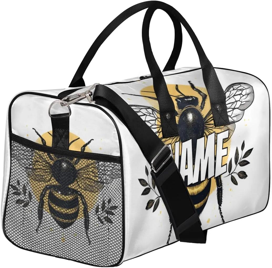 Personalized Watercolor Bee Travel Duffel Bag with Name, Custom Gym Sport Bag Yellow Animal Carry On Weekend Overnight Duffel Bag for Men Women