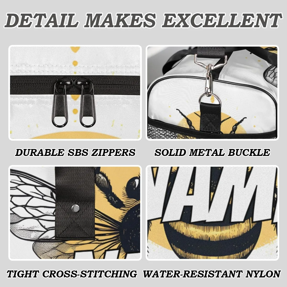 Personalized Watercolor Bee Travel Duffel Bag with Name, Custom Gym Sport Bag Yellow Animal Carry On Weekend Overnight Duffel Bag for Men Women