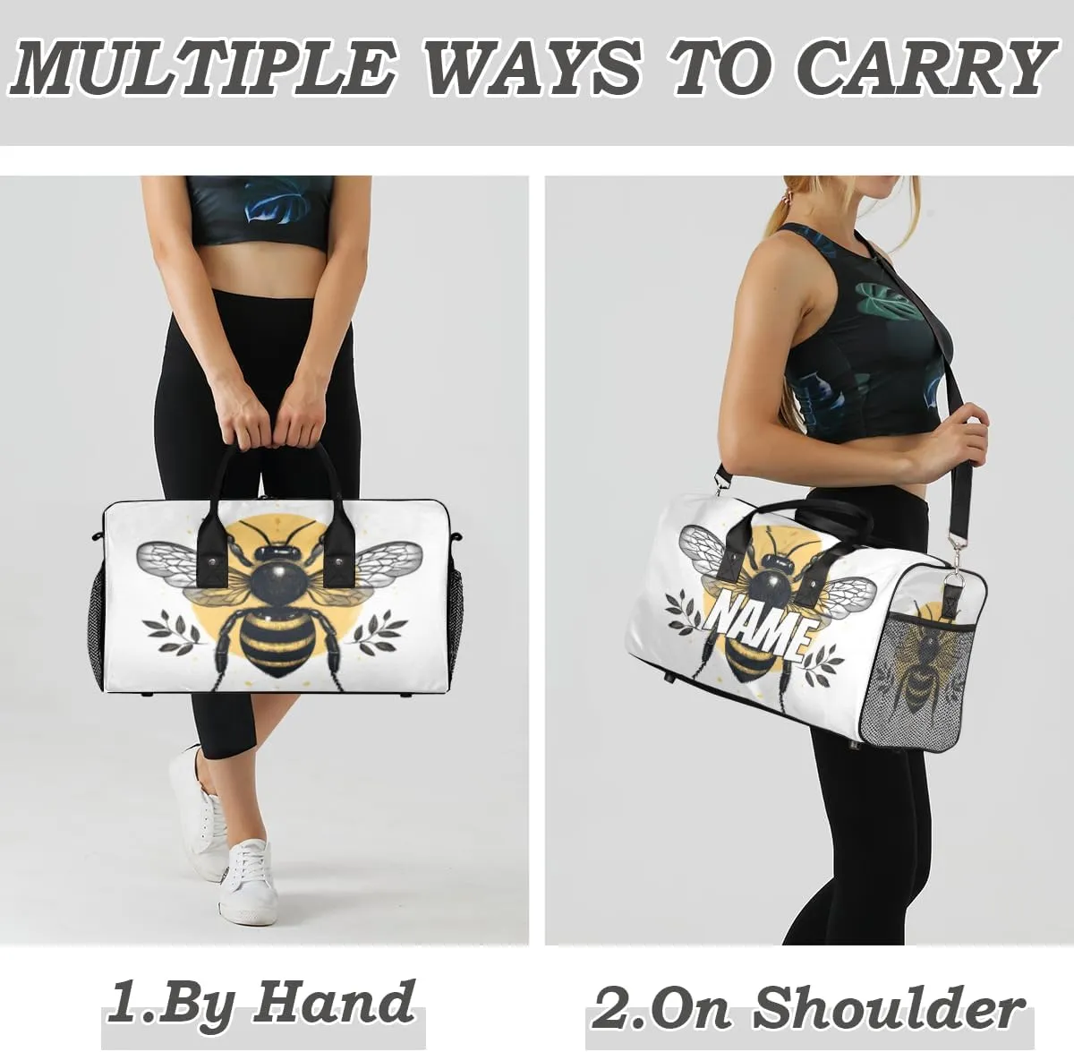 Personalized Watercolor Bee Travel Duffel Bag with Name, Custom Gym Sport Bag Yellow Animal Carry On Weekend Overnight Duffel Bag for Men Women
