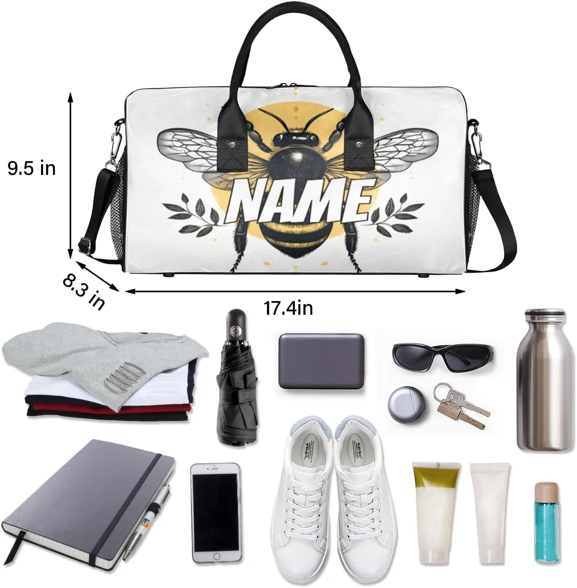 Personalized Watercolor Bee Travel Duffel Bag with Name, Custom Gym Sport Bag Yellow Animal Carry On Weekend Overnight Duffel Bag for Men Women