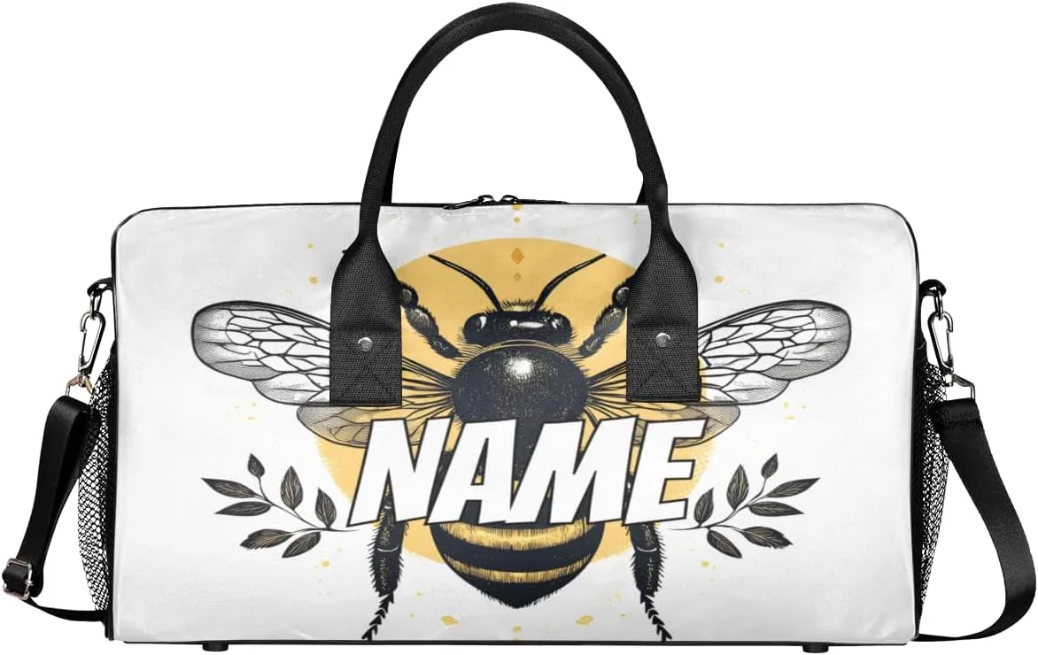 Personalized Watercolor Bee Travel Duffel Bag with Name, Custom Gym Sport Bag Yellow Animal Carry On Weekend Overnight Duffel Bag for Men Women