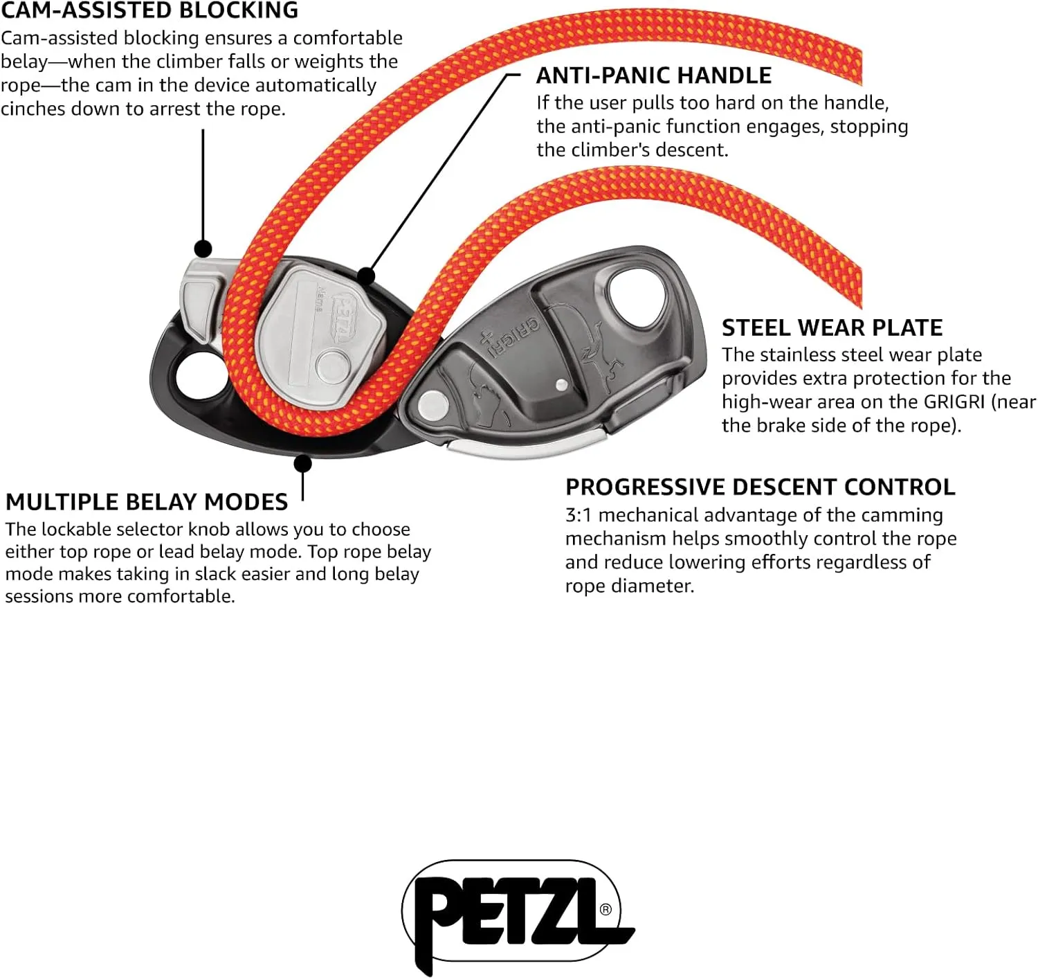PETZL GRIGRI  Belay Device with Cam-Assisted Blocking and Anti-Panic Handle, Suitable for Learners and Intensive Use