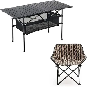 Picnic Tables Folding Camping Table with Folding Chair,Portable with Aluminum Table Top for Picnic, Camp, Beach, Boat, Useful for Dining Cooking