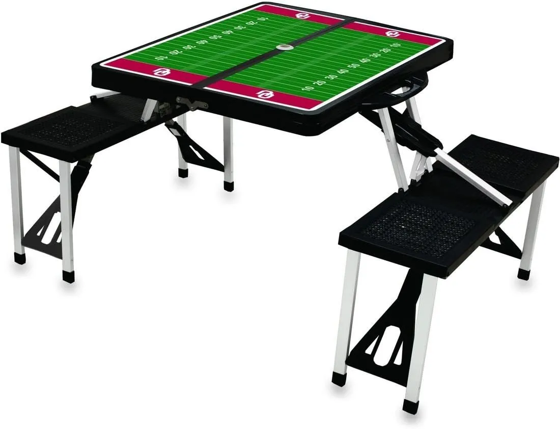 PICNIC TIME NCAA Oklahoma Sooners Folding Picnic Table with 4 Seats, Camping Table, Outdoor Table with Umbrella Hole, (Black - Football Field)
