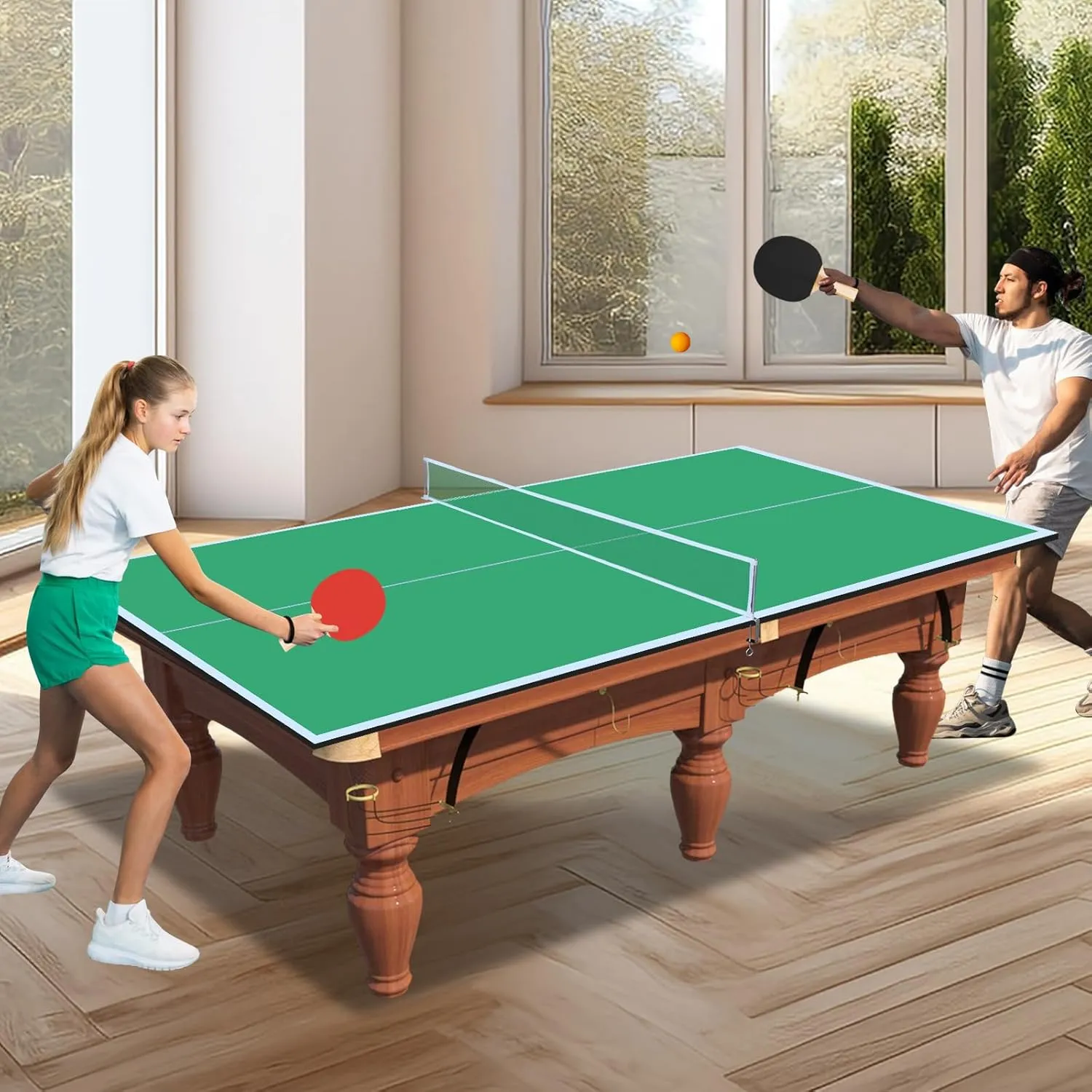 Ping Pong Table Top for Billiard Table, 7FT/8FT/9FT Foldable Table Tennis Table Topper for Pool Table, Indoor Outdoor Table Tennis Conversion Top w/Net & Premium Foam Padding