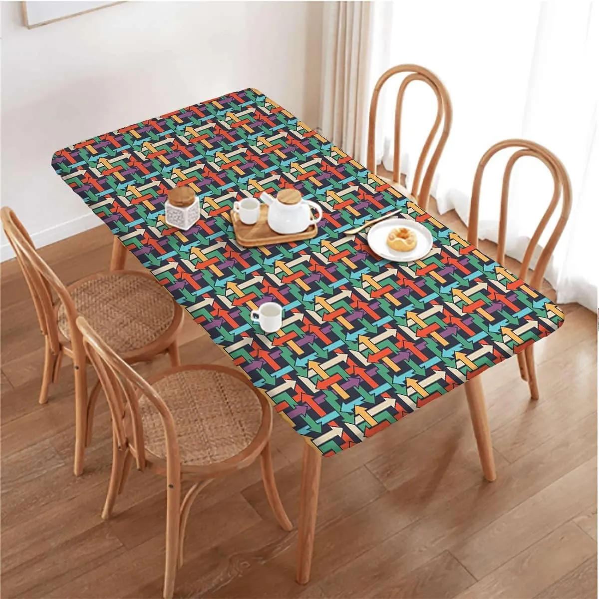 Pink Turquoise Light Yellow Elastic Fitted Picnic Table Cover Arrows Modern Trendy Rectangle Table Cloth Reusable Table Cover for Picnic Dining Decoration Abstract Fits up 4 Foot Tables