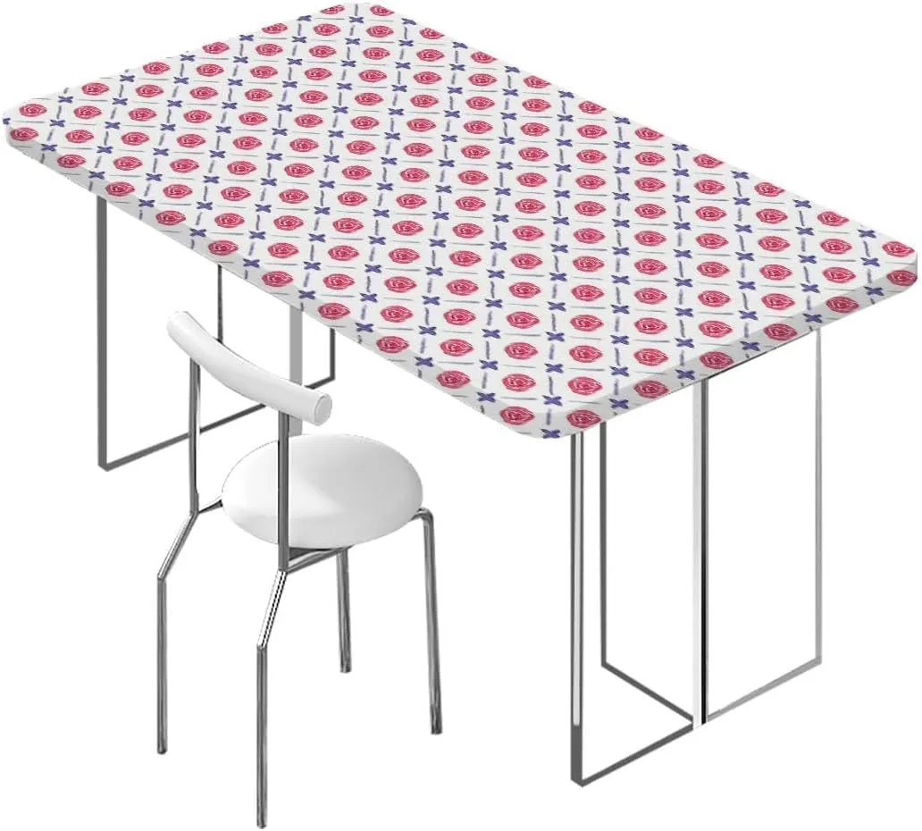 Pink White Fitted Tablecloth Cover, Ceramic Tile Design Tropicalspired Table Cloth for Indoor Outdoor Picnic Parties Eastern Style Fits up 4 Foot Tables