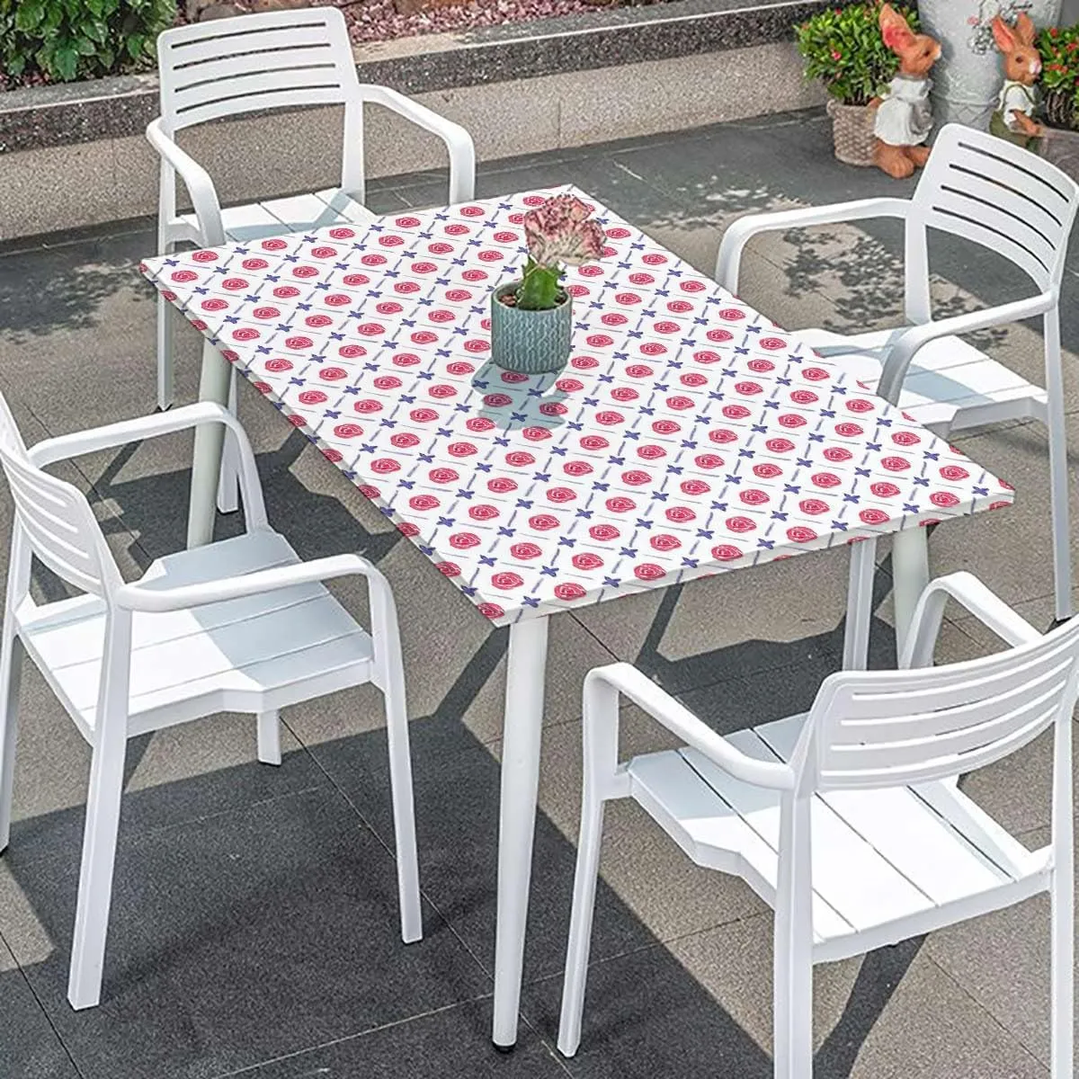 Pink White Fitted Tablecloth Cover, Ceramic Tile Design Tropicalspired Table Cloth for Indoor Outdoor Picnic Parties Eastern Style Fits up 4 Foot Tables
