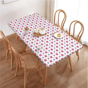 Pink White Fitted Tablecloth Cover, Ceramic Tile Design Tropicalspired Table Cloth for Indoor Outdoor Picnic Parties Eastern Style Fits up 4 Foot Tables
