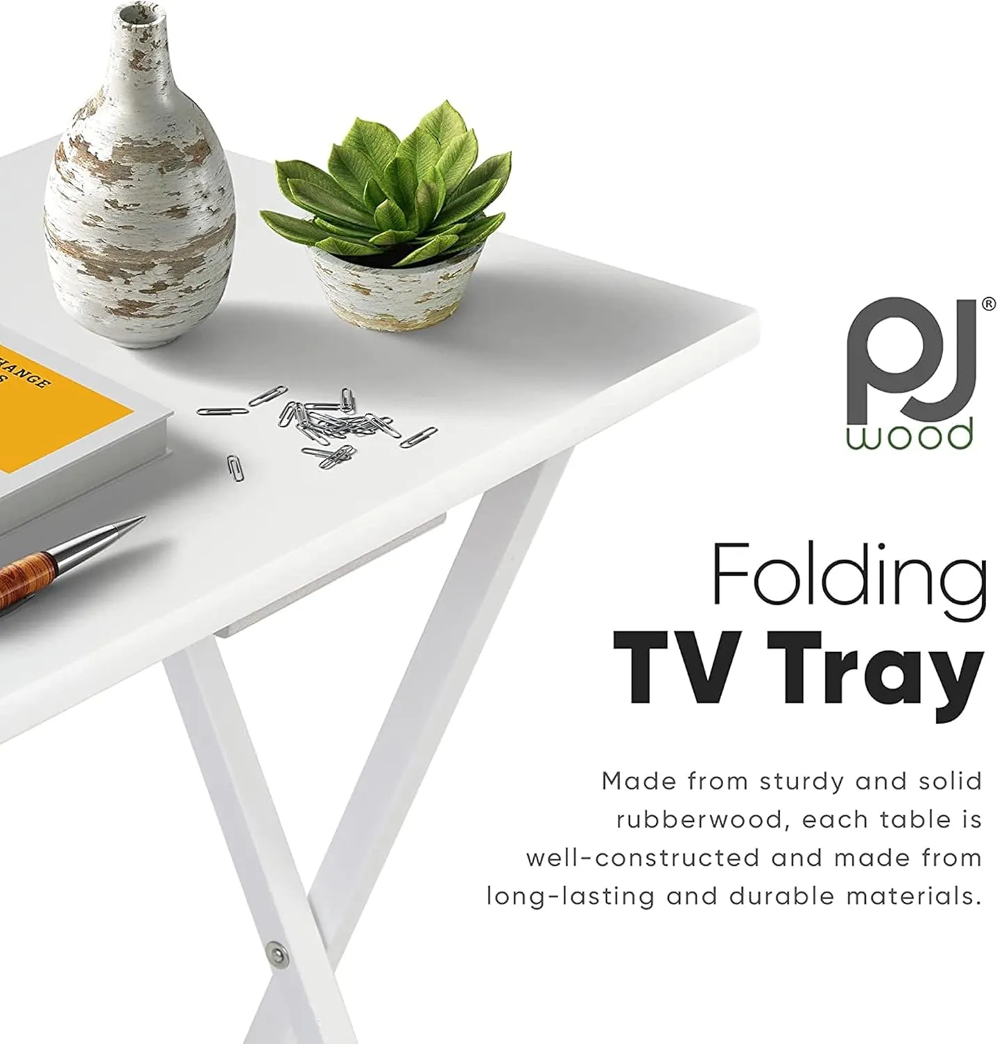 PJ Wood 2 Piece Set, Multifunctional Solid Wood TV Snack Tray Tables for Indoor Use, White