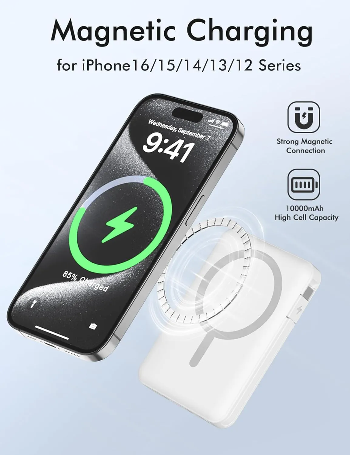 podoru for Magsafe Battery Pack, 10000mAh Magnetic Power Bank Built-in Double USB-C Cables 22.5W PD Fast Charging LED Display Wireless Portable Charger for iPhone 16/15/14/13/12/ All Series-White