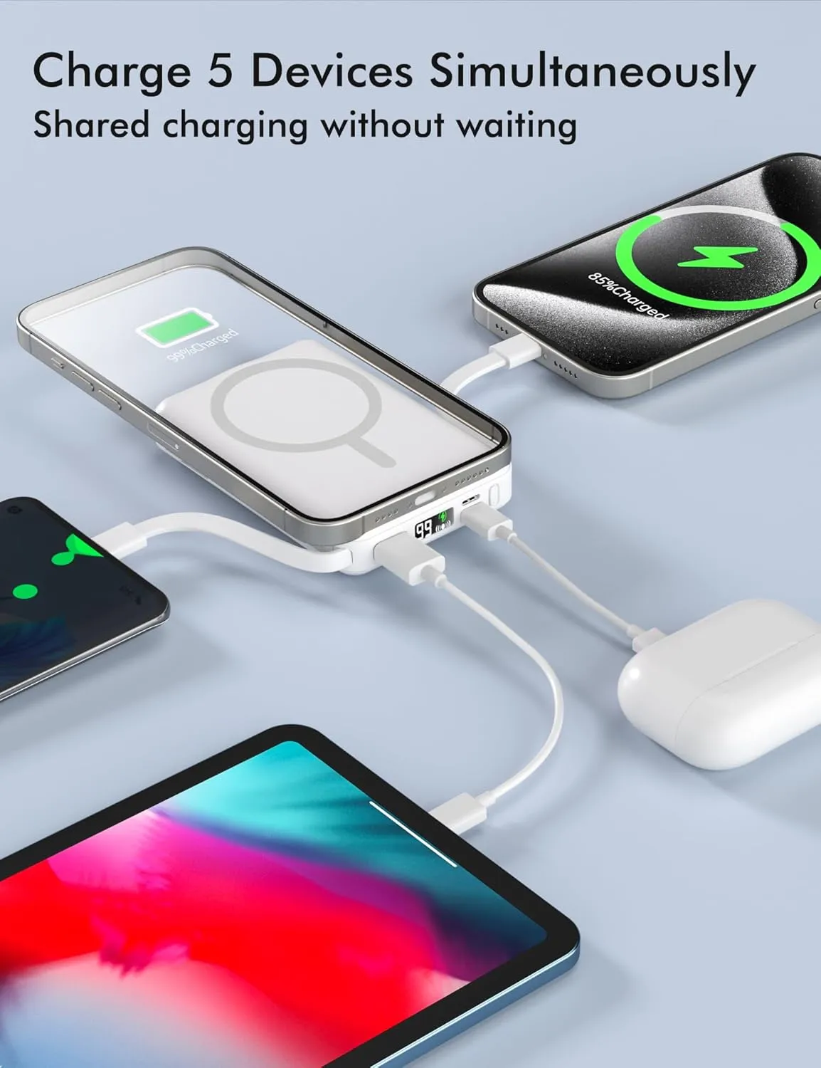 podoru for Magsafe Battery Pack, 10000mAh Magnetic Power Bank Built-in Double USB-C Cables 22.5W PD Fast Charging LED Display Wireless Portable Charger for iPhone 16/15/14/13/12/ All Series-White
