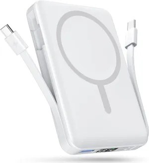 podoru for Magsafe Battery Pack, 10000mAh Magnetic Power Bank Built-in Double USB-C Cables 22.5W PD Fast Charging LED Display Wireless Portable Charger for iPhone 16/15/14/13/12/ All Series-White