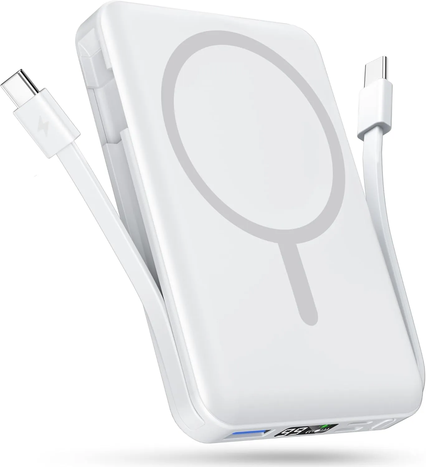 podoru for Magsafe Battery Pack, 10000mAh Magnetic Power Bank Built-in Double USB-C Cables 22.5W PD Fast Charging LED Display Wireless Portable Charger for iPhone 16/15/14/13/12/ All Series-White