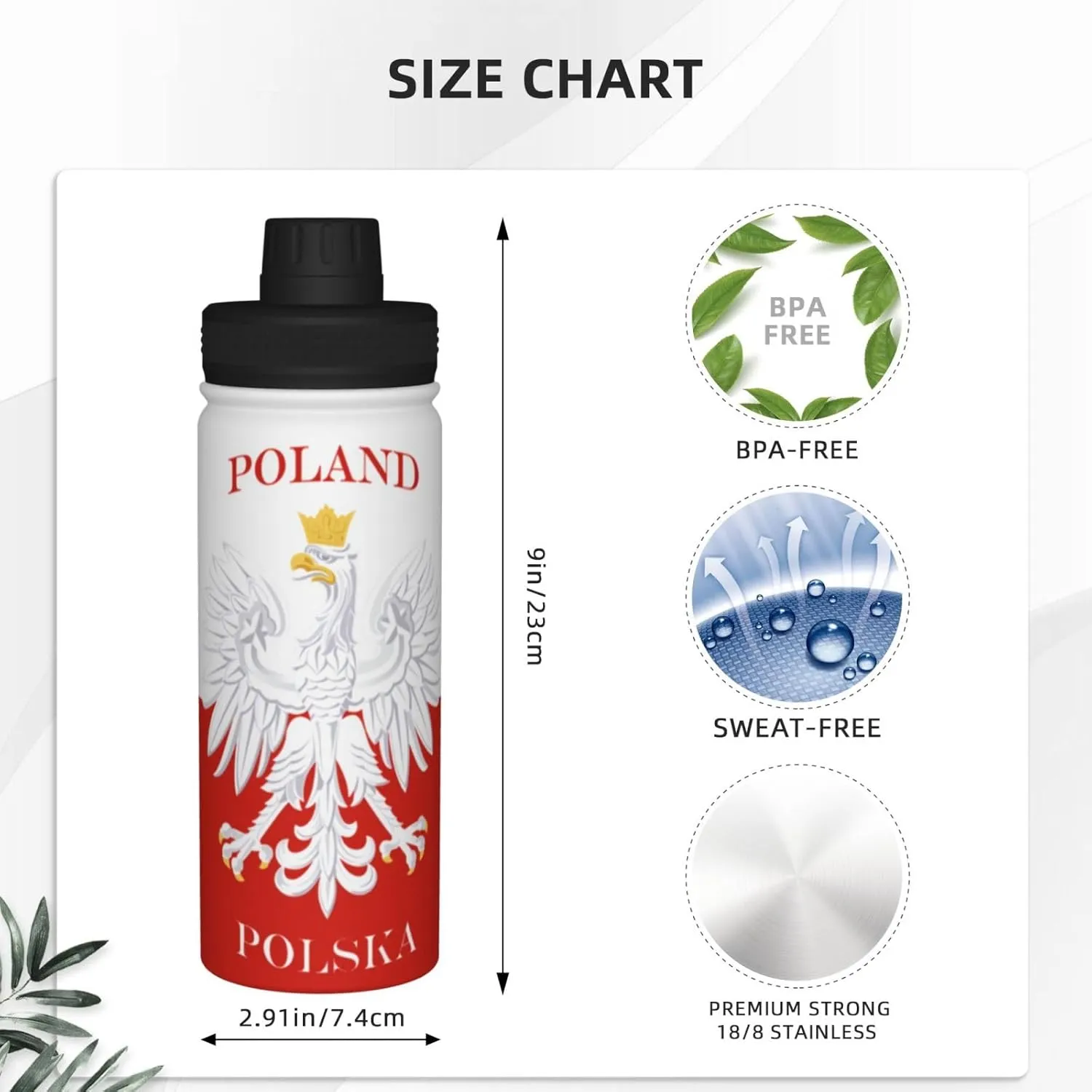 Polish Flag Poland Polska 18 OZ Sports Insulated Water Bottle Stainless Steel Kettle Novelty Drinking Cup for Outdoor Gym Travel