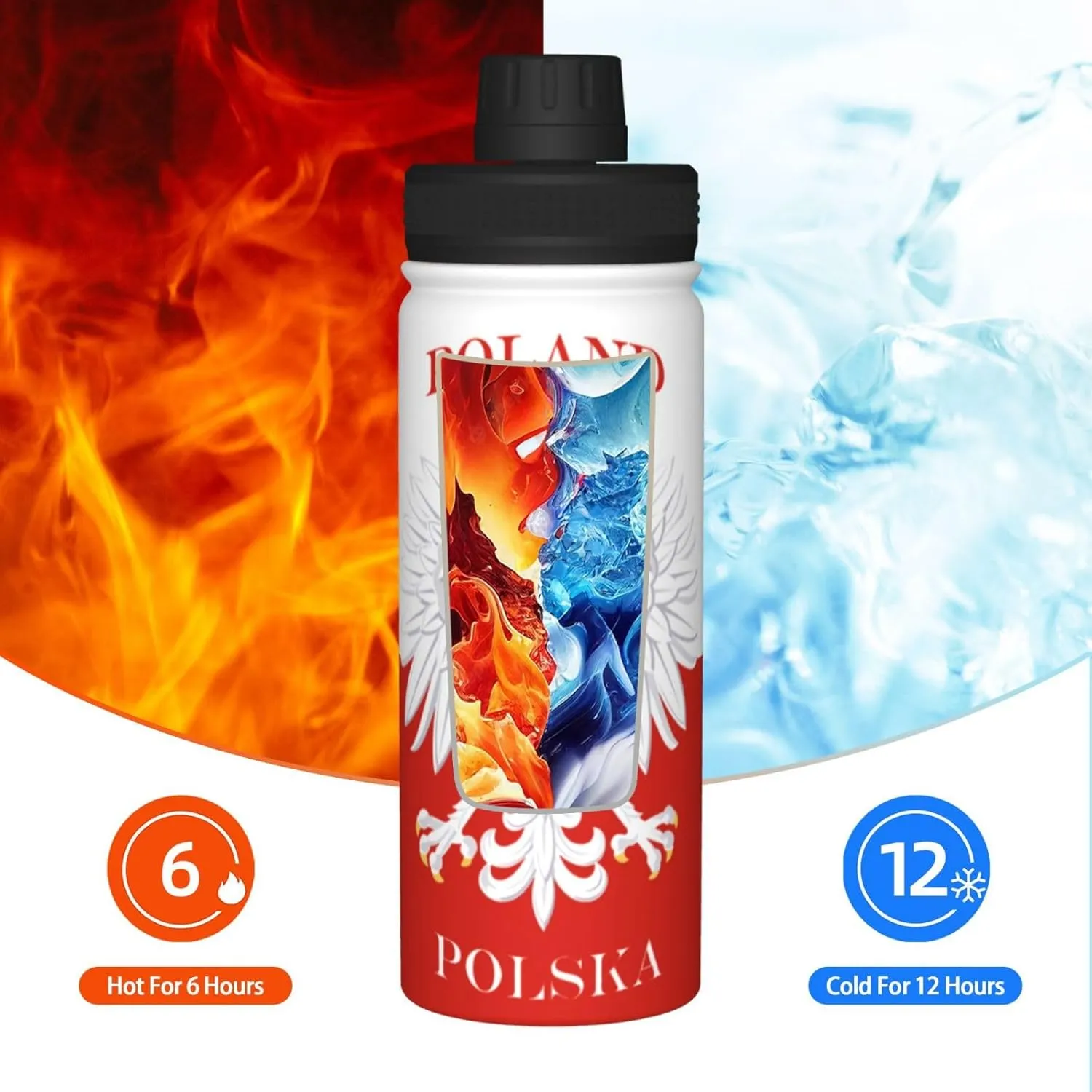 Polish Flag Poland Polska 18 OZ Sports Insulated Water Bottle Stainless Steel Kettle Novelty Drinking Cup for Outdoor Gym Travel