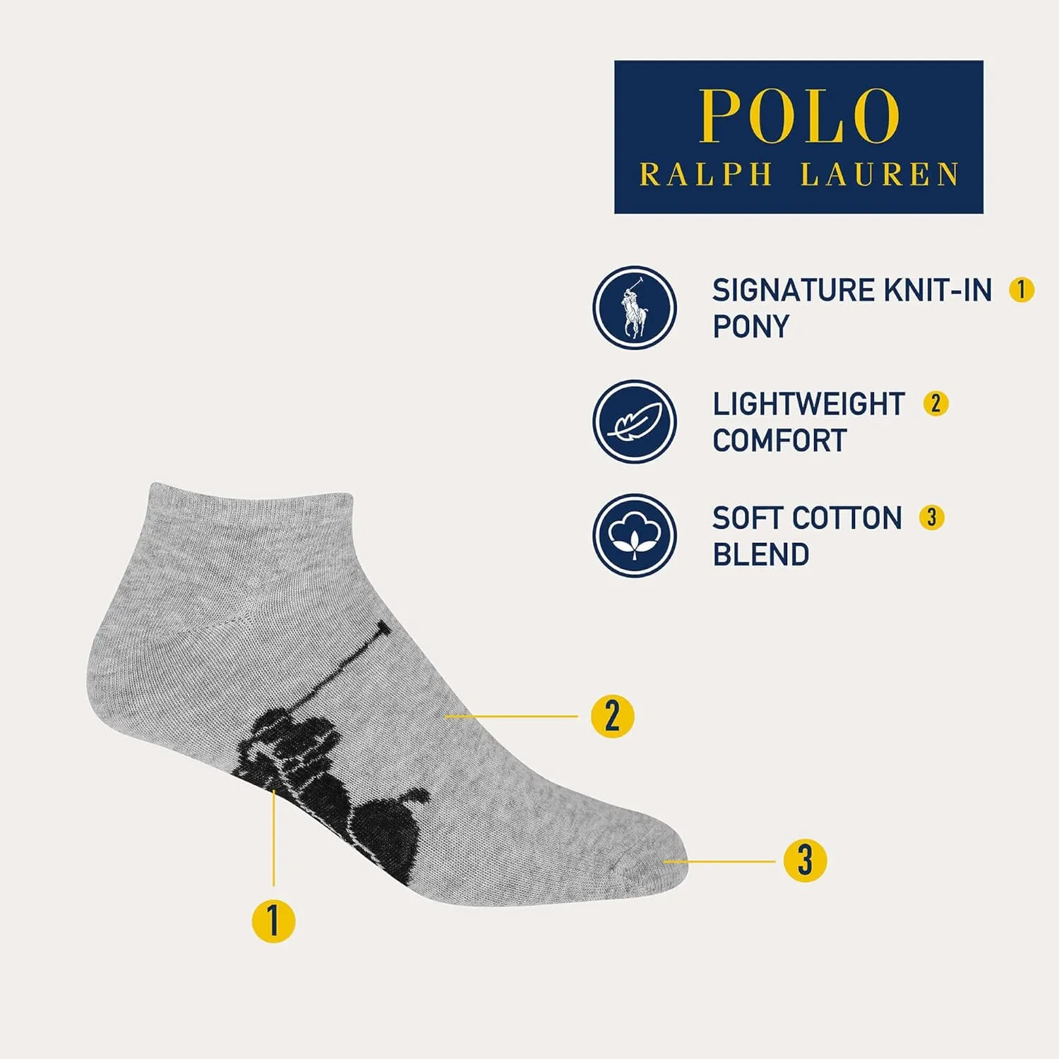 POLO RALPH LAUREN Classic Sport Big Pony Low Cut Socks - 3 Pair Pack - Soft and Lightweight Cotton Comfort