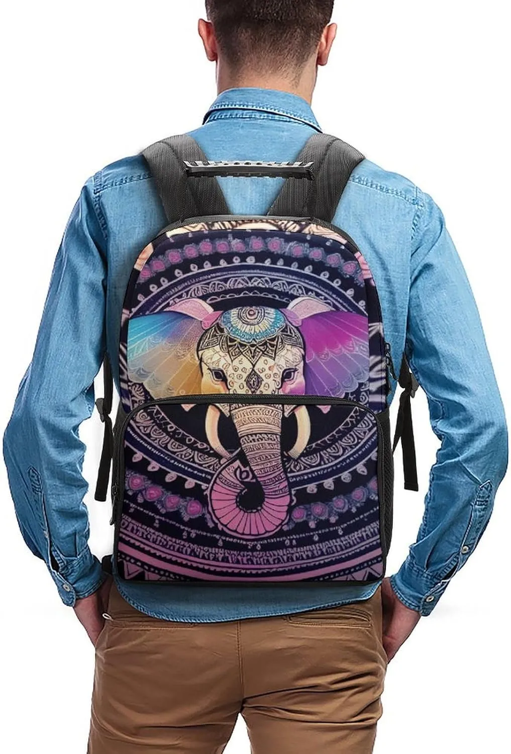 Polyester Daypack Backpack for Trekking Picnic Walking Cycling - Large Capacity Anti-Theft Multipurpose Shoulder Bag, Indian Elephant Head Mandala Art Casual Daypack