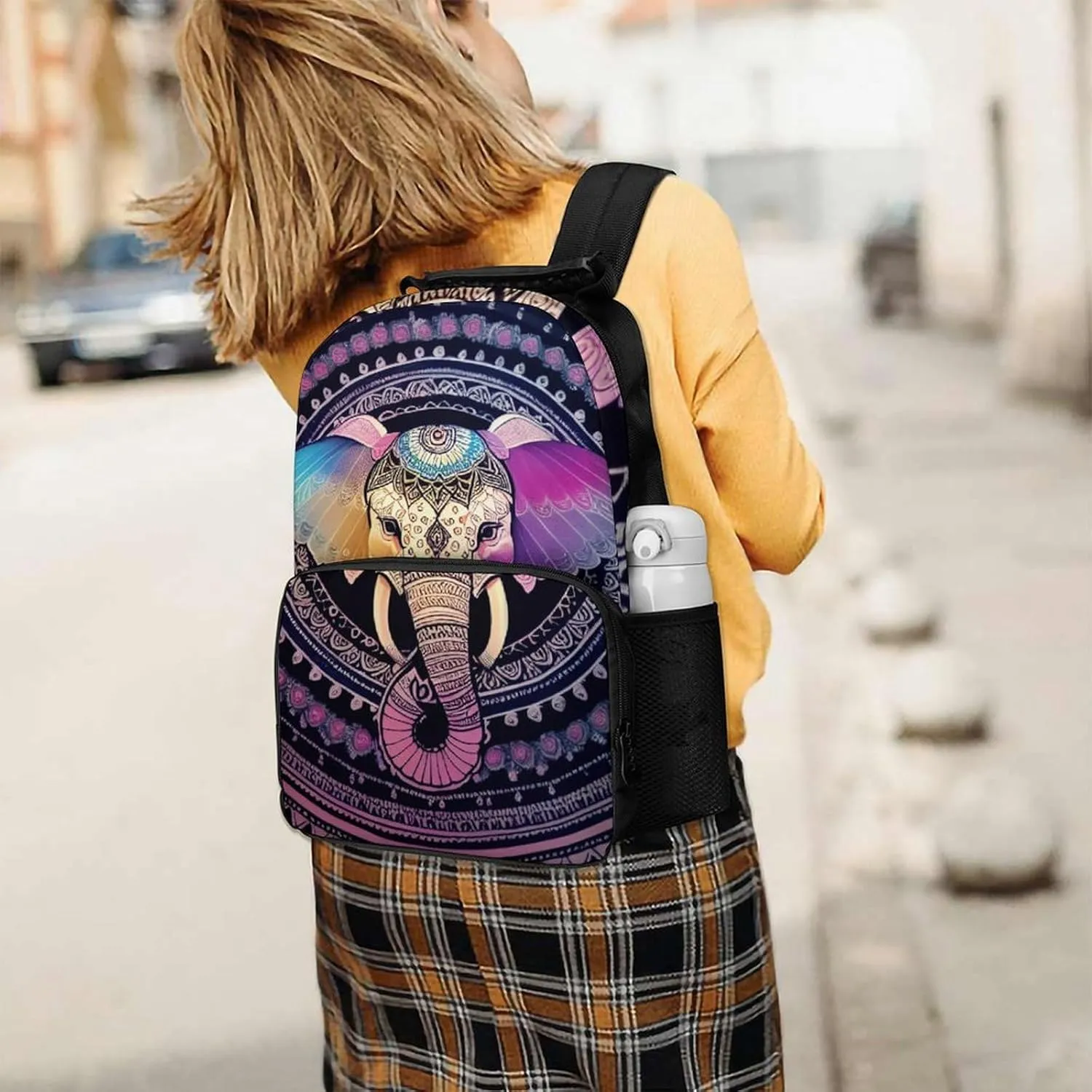 Polyester Daypack Backpack for Trekking Picnic Walking Cycling - Large Capacity Anti-Theft Multipurpose Shoulder Bag, Indian Elephant Head Mandala Art Casual Daypack
