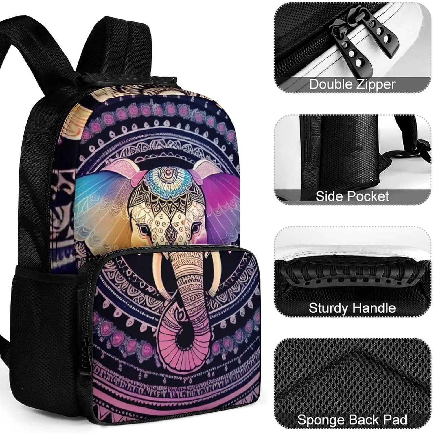 Polyester Daypack Backpack for Trekking Picnic Walking Cycling - Large Capacity Anti-Theft Multipurpose Shoulder Bag, Indian Elephant Head Mandala Art Casual Daypack