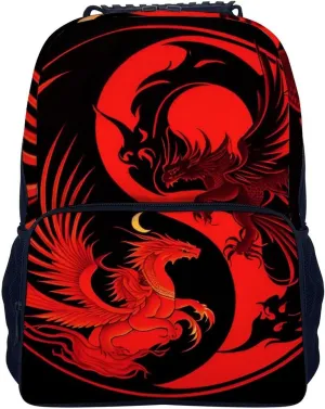 Polyester Daypack Backpack for Trekking Picnic Walking Cycling - Large Capacity Anti-Theft Multipurpose Shoulder Bag, Red Phoenix Bird And Dragon Yin Yang Art Casual Daypack