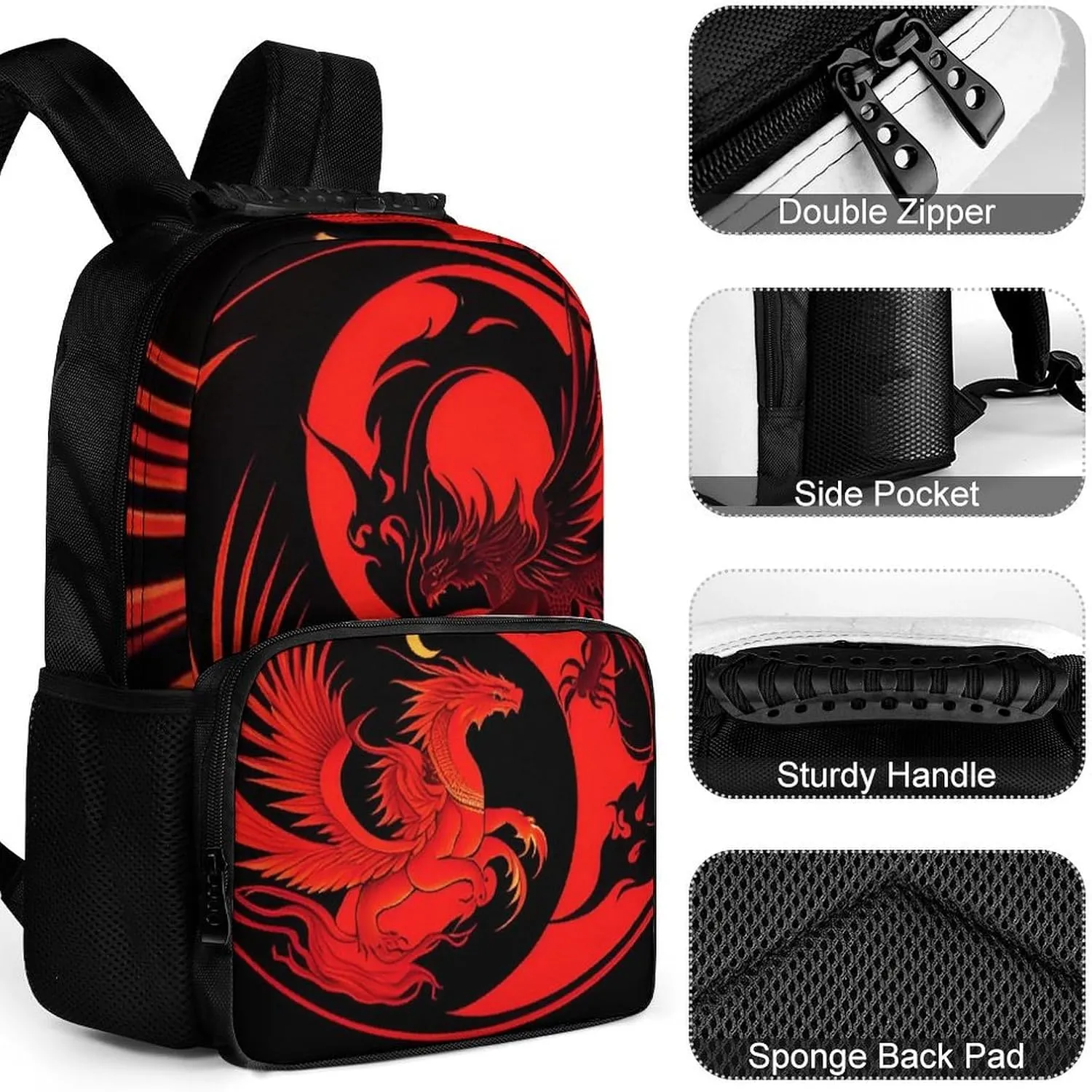 Polyester Daypack Backpack for Trekking Picnic Walking Cycling - Large Capacity Anti-Theft Multipurpose Shoulder Bag, Red Phoenix Bird And Dragon Yin Yang Art Casual Daypack