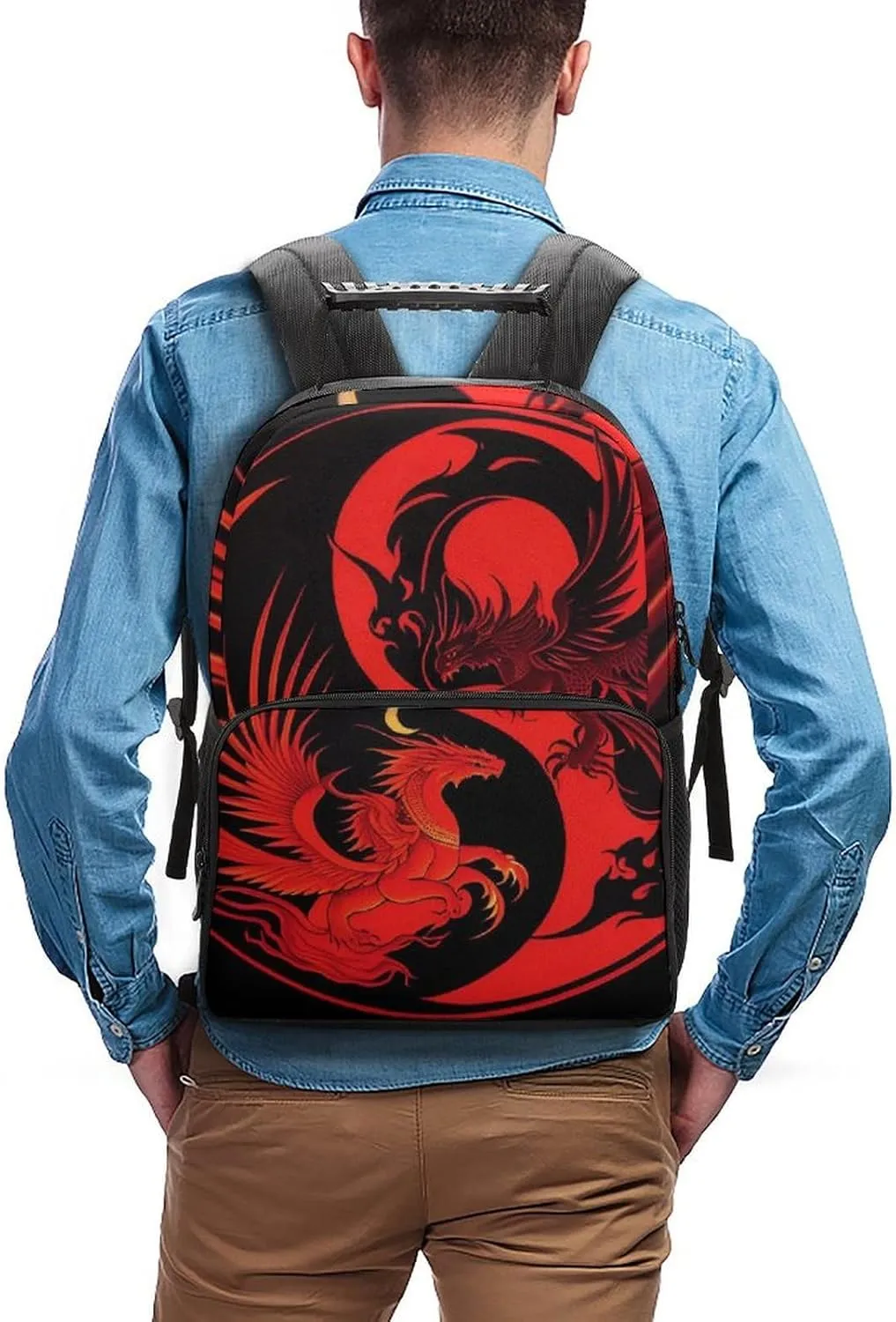 Polyester Daypack Backpack for Trekking Picnic Walking Cycling - Large Capacity Anti-Theft Multipurpose Shoulder Bag, Red Phoenix Bird And Dragon Yin Yang Art Casual Daypack