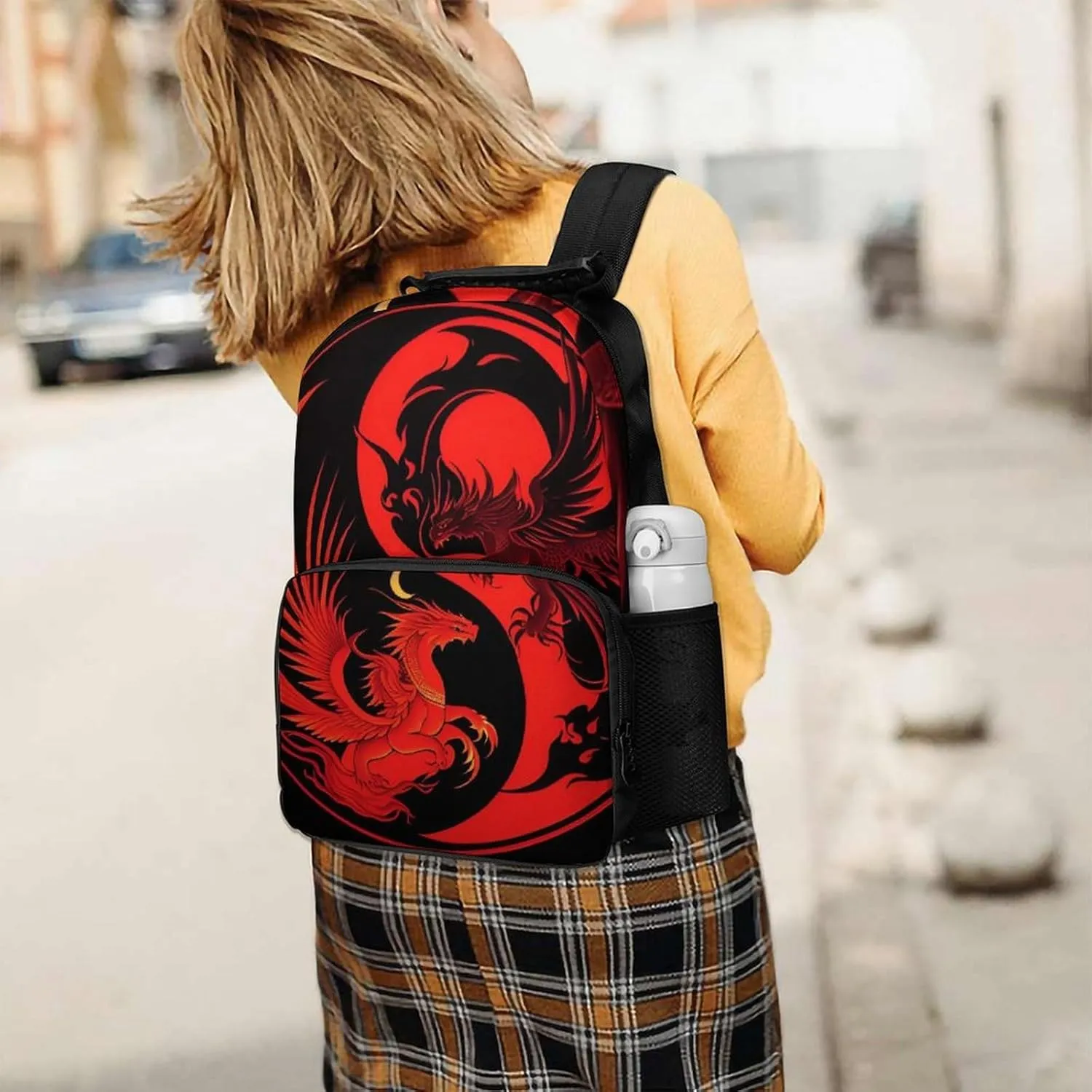 Polyester Daypack Backpack for Trekking Picnic Walking Cycling - Large Capacity Anti-Theft Multipurpose Shoulder Bag, Red Phoenix Bird And Dragon Yin Yang Art Casual Daypack