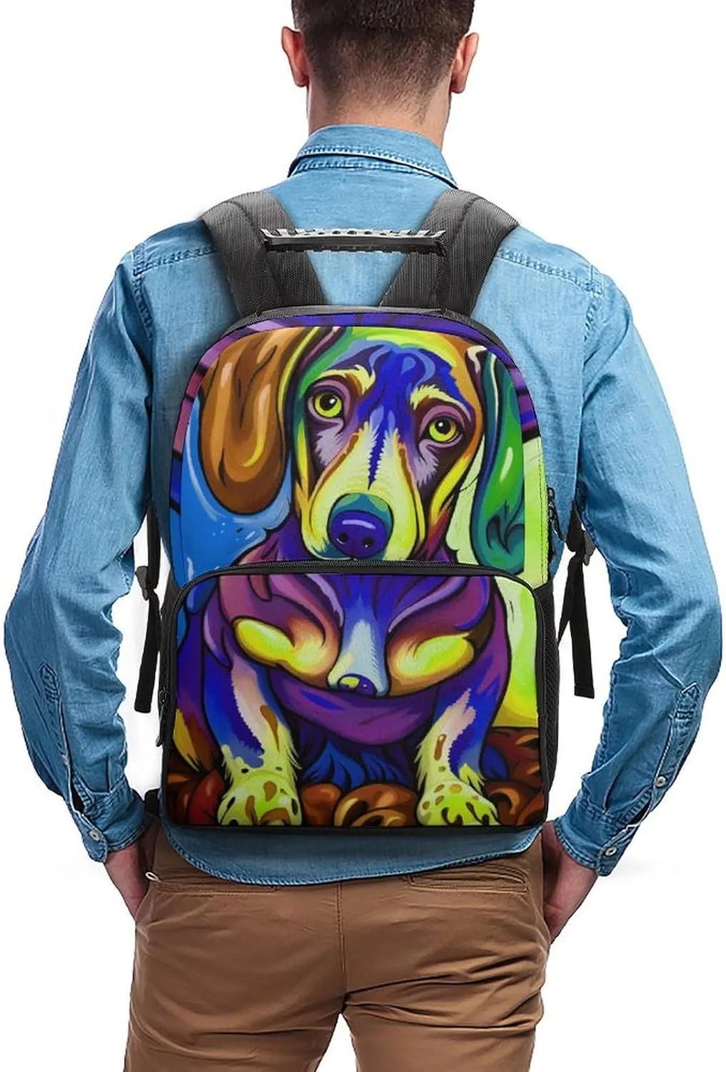 Polyester Daypack Backpack for Trekking Picnic Walking Cycling - Large Capacity Anti-Theft Multipurpose Shoulder Bag, Sausage Dog Dachshund Art Casual Daypack