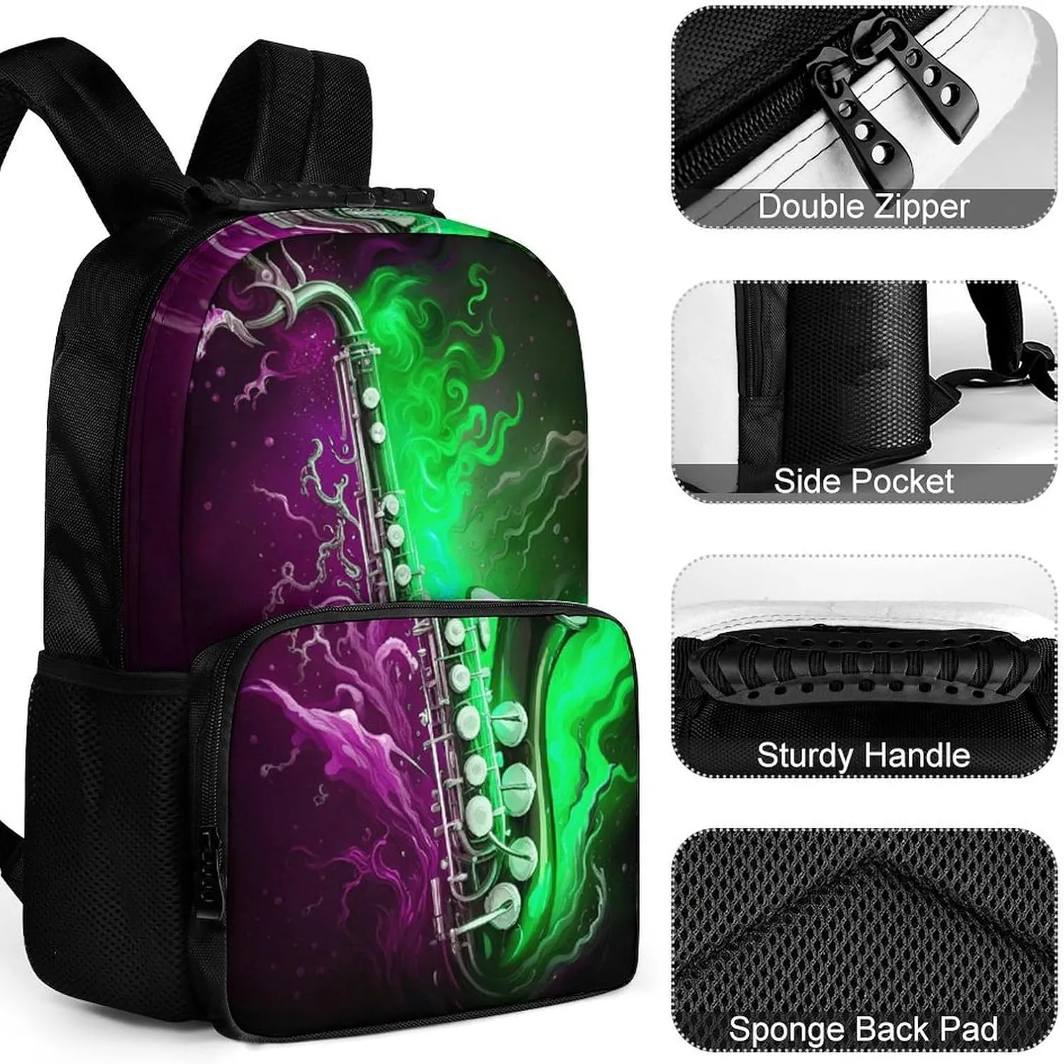 Polyester Daypack Backpack for Trekking Picnic Walking Cycling - Large Capacity Anti-Theft Multipurpose Shoulder Bag, Saxophone In Fire And Water Art Casual Daypack