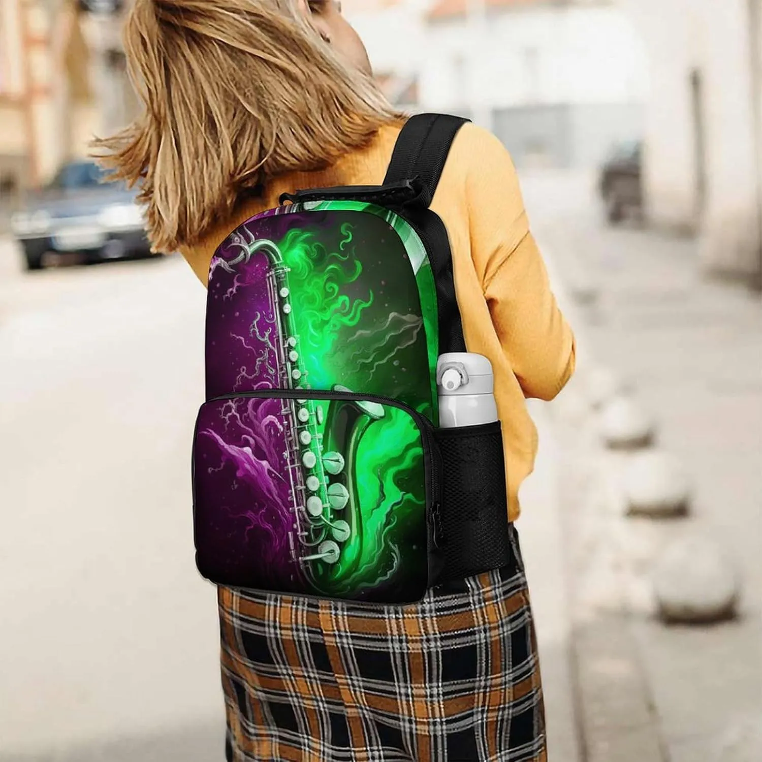 Polyester Daypack Backpack for Trekking Picnic Walking Cycling - Large Capacity Anti-Theft Multipurpose Shoulder Bag, Saxophone In Fire And Water Art Casual Daypack