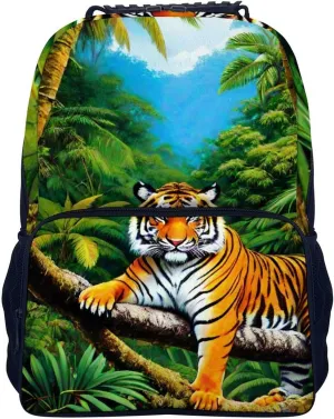 Polyester Daypack for Camping Travel Walking Cycling - Big Capacity Anti-Theft Multipurpose Bookbag, King Of The Tiger Tropical Rainforest Landscape Jungle Art Camping Outdoor Backpack