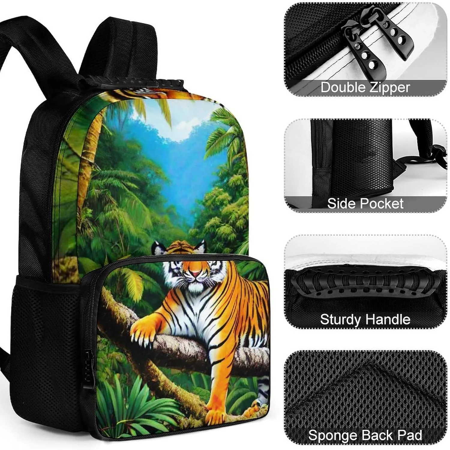 Polyester Daypack for Camping Travel Walking Cycling - Big Capacity Anti-Theft Multipurpose Bookbag, King Of The Tiger Tropical Rainforest Landscape Jungle Art Camping Outdoor Backpack