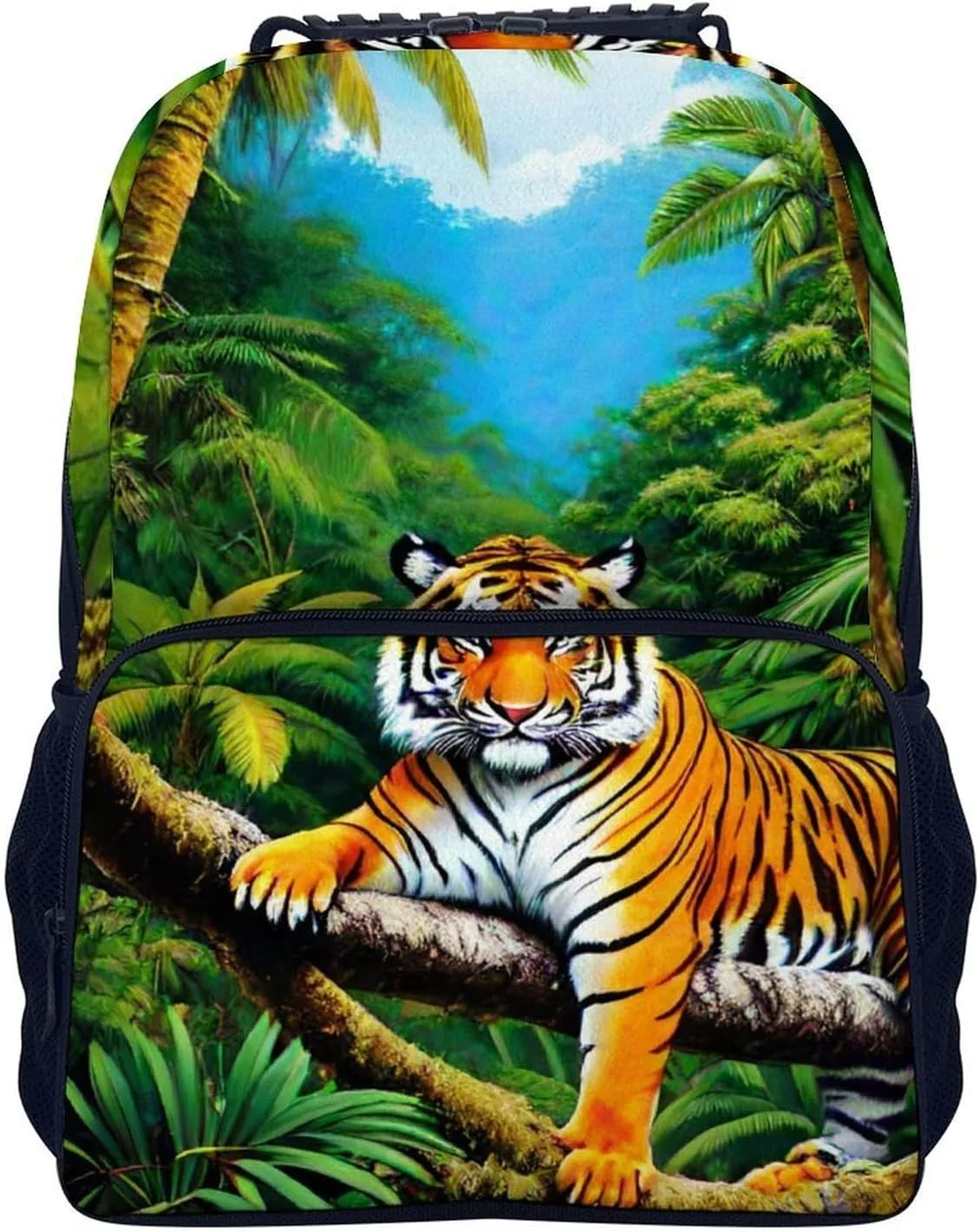 Polyester Daypack for Camping Travel Walking Cycling - Big Capacity Anti-Theft Multipurpose Bookbag, King Of The Tiger Tropical Rainforest Landscape Jungle Art Camping Outdoor Backpack