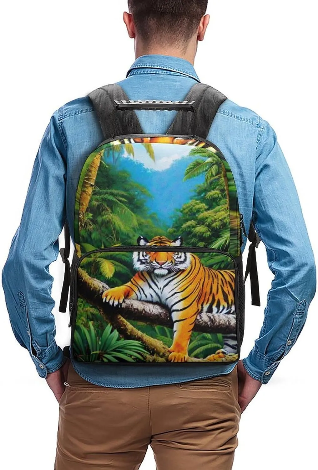Polyester Daypack for Camping Travel Walking Cycling - Big Capacity Anti-Theft Multipurpose Bookbag, King Of The Tiger Tropical Rainforest Landscape Jungle Art Camping Outdoor Backpack