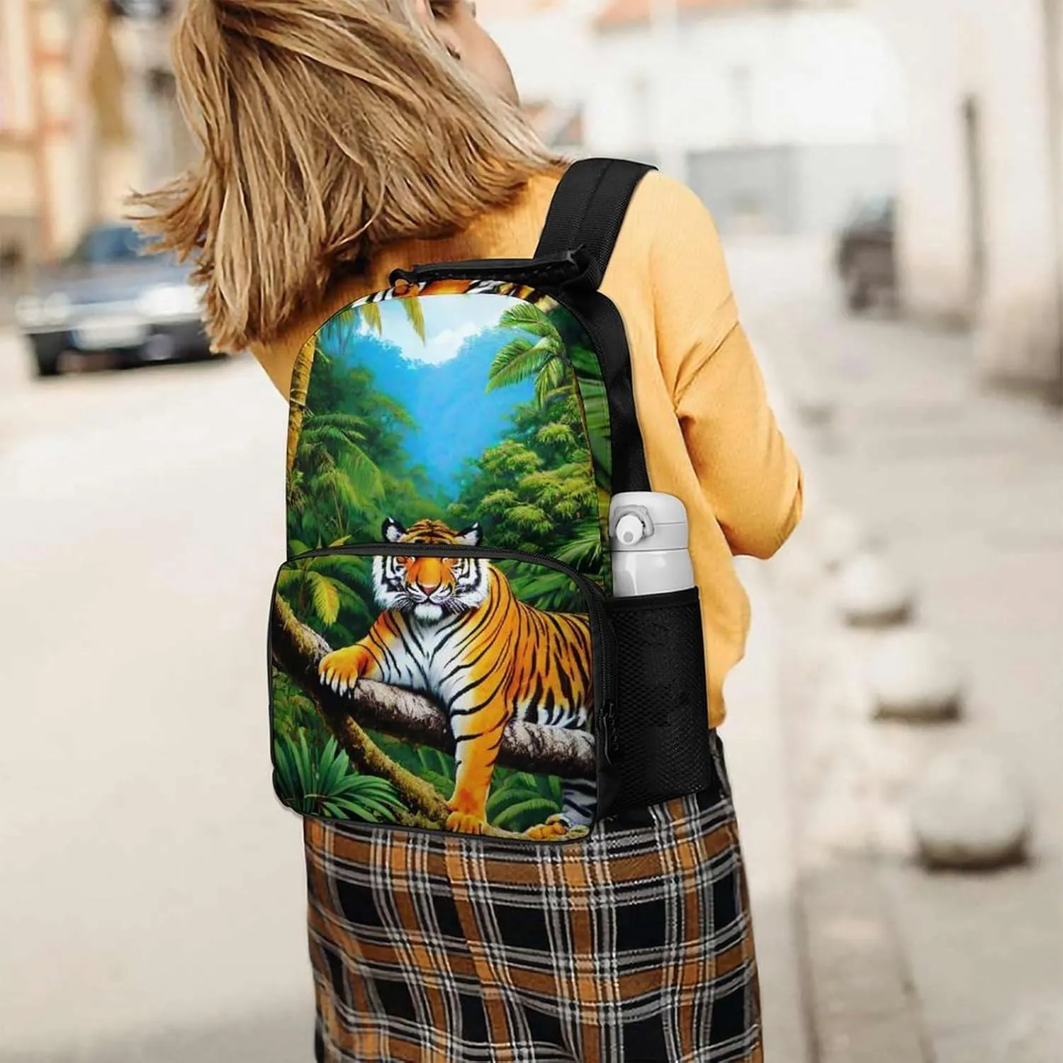 Polyester Daypack for Camping Travel Walking Cycling - Big Capacity Anti-Theft Multipurpose Bookbag, King Of The Tiger Tropical Rainforest Landscape Jungle Art Camping Outdoor Backpack