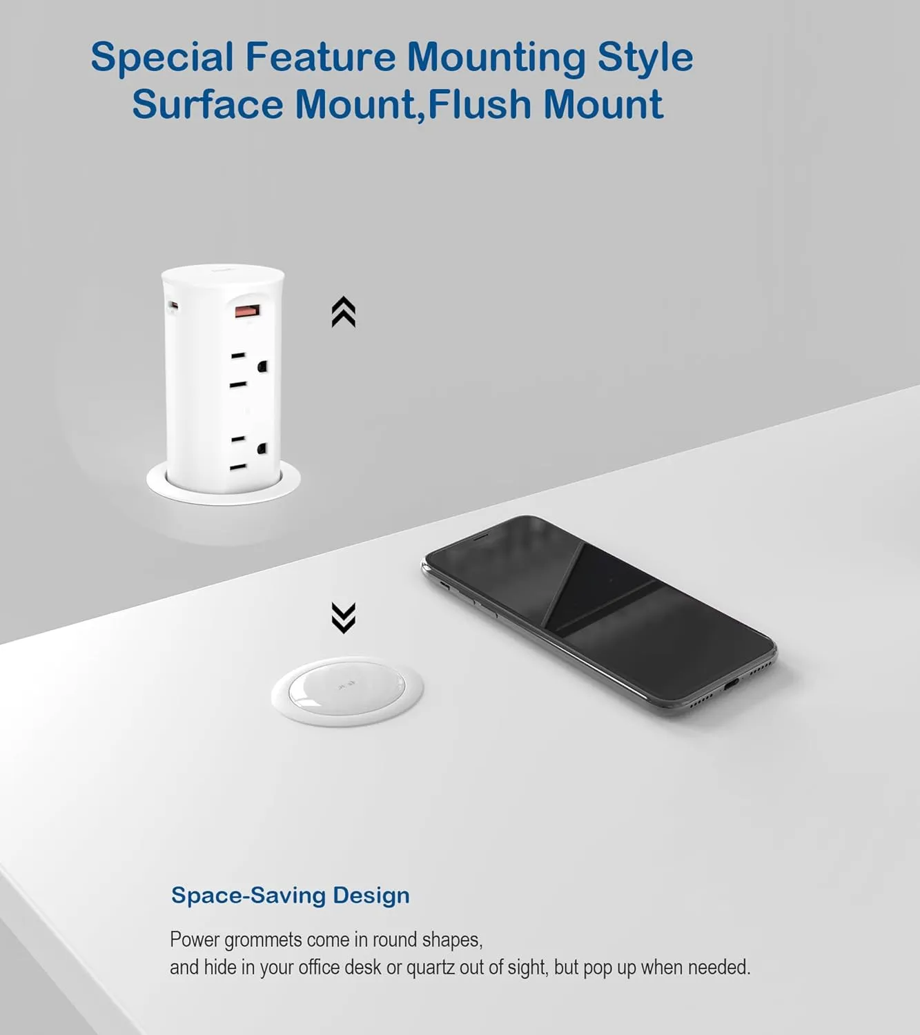 Pop up Outlet for Countertop,2.5-inch Hole Desktop Power Grommet,Recessed Power Strip,20W USB C Fast Charging,4 Outlets 4 USB Ports,15Amp Tamper Resistant Receptacle,White