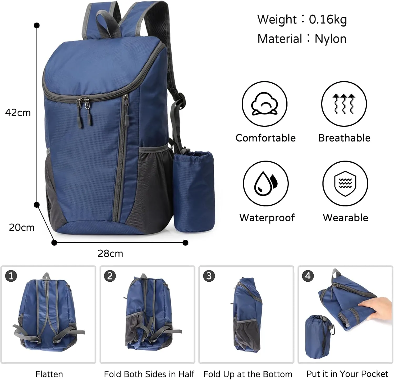 PORRASSO Hiking Backpack Foldable Waterproof Daypack Lightweight Rucksack Backpack for Women Men Camping Trekking Cycling Climbing Outdoor Sports Dark Blue A