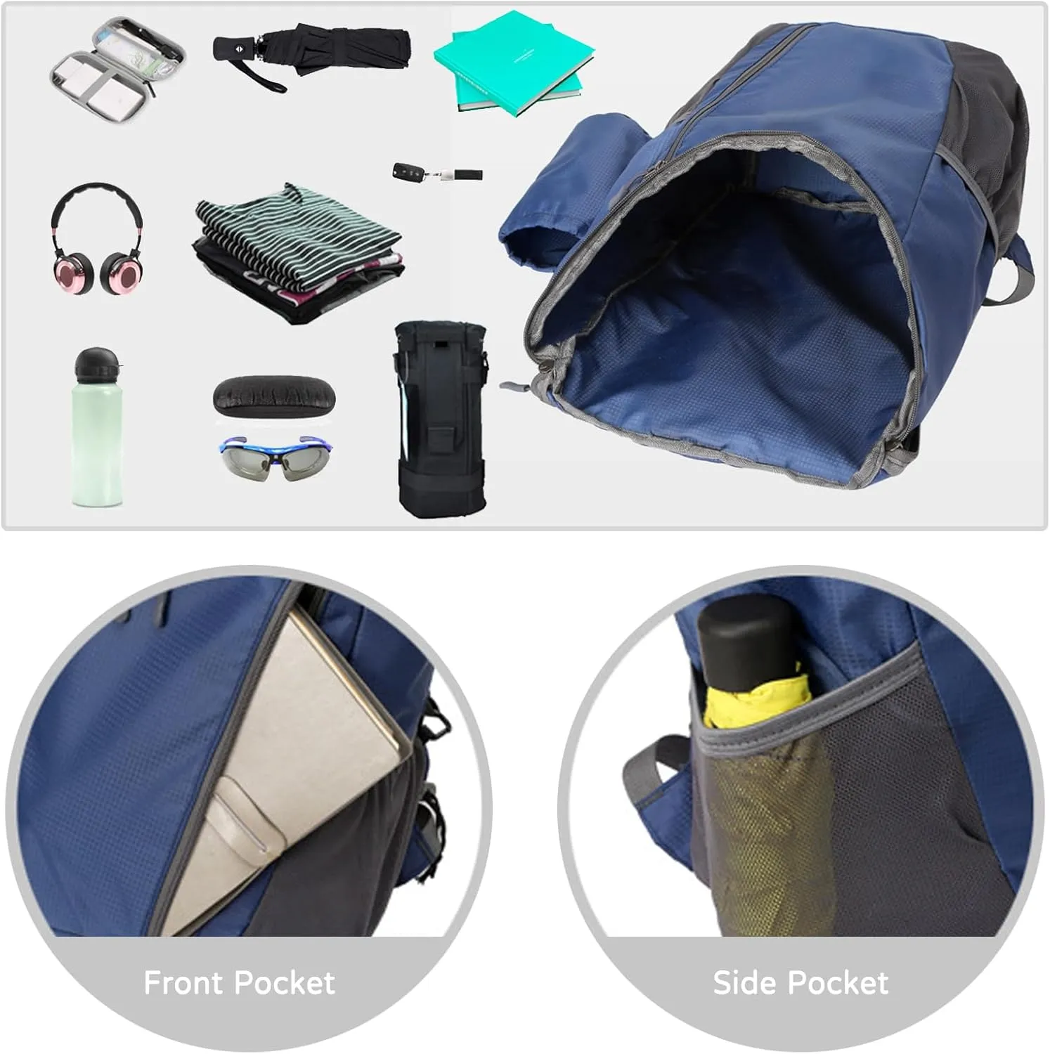 PORRASSO Hiking Backpack Foldable Waterproof Daypack Lightweight Rucksack Backpack for Women Men Camping Trekking Cycling Climbing Outdoor Sports Dark Blue A