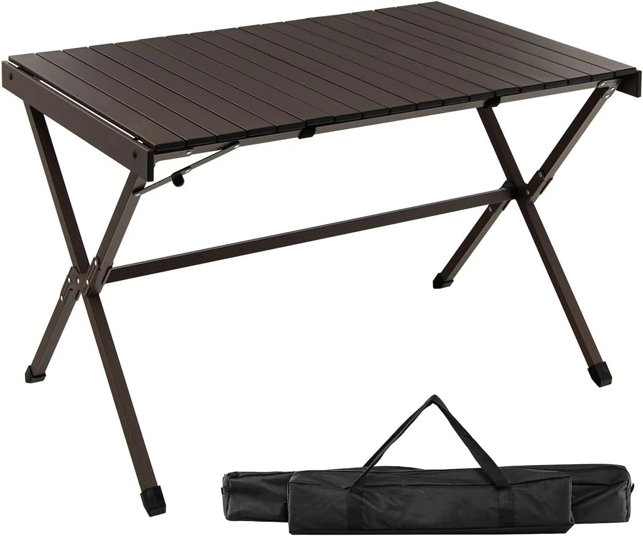 Portable Aluminum Camping Table, Roll-Up Top and Carry Bag, Folding Stable Table for Camping Picnic, BBQ and Party, Brown