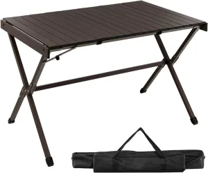 Portable Aluminum Camping Table, Roll-Up Top and Carry Bag, Folding Stable Table for Camping Picnic, BBQ and Party, Brown