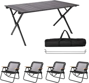 Portable Camping Fur Set of 5, Folding Camping Table with 4 airs, Aluminum Picnic Table Lawn Foldable air with Storage Bags, for Bea,Fishing,Hiking,BBQ