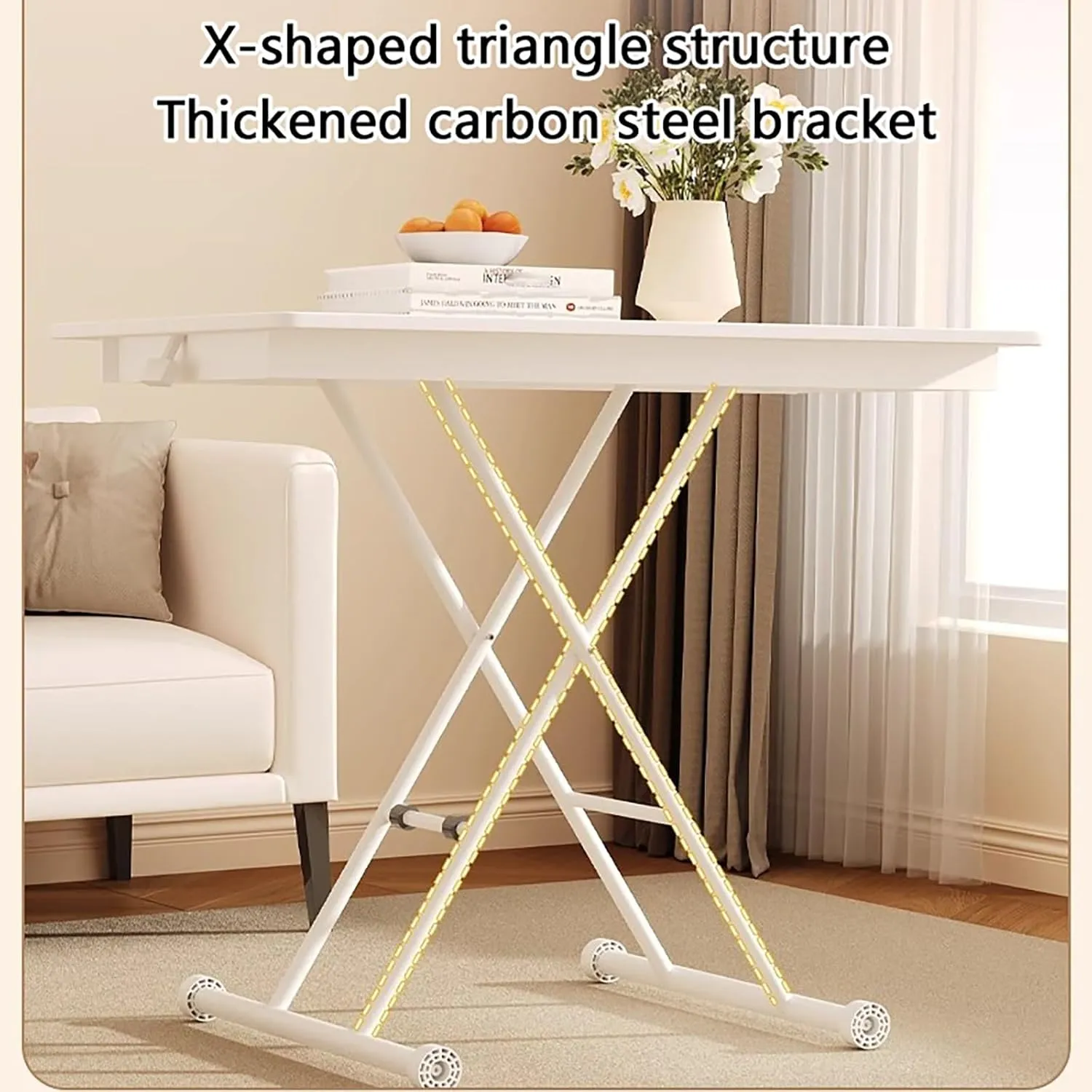 Portable Camping Side Table, Adjustable Height Folding Table, Lightweight Beach Tables, Steel Bracket Roll-up Tables for Outdoor, Picnic, BBQ, Cooking(White,90x60cm)