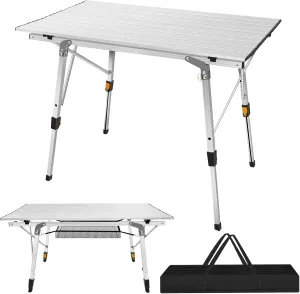 Portable Camping Table 90 x 53 CM Aluminium Frame Roll Up Table Top Folding Height Adjustment Camping Tables That Fold Up Small Picnic Table with Carry Bag for Outdoor, Picnic,Camp,Yard BBQ Silver