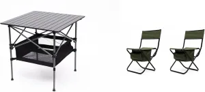 Portable Camping Table and Chairs Set, 3-Piece, Folding Aluminum Table with Storage Shelf and 2 Green Chairs, Black/Green